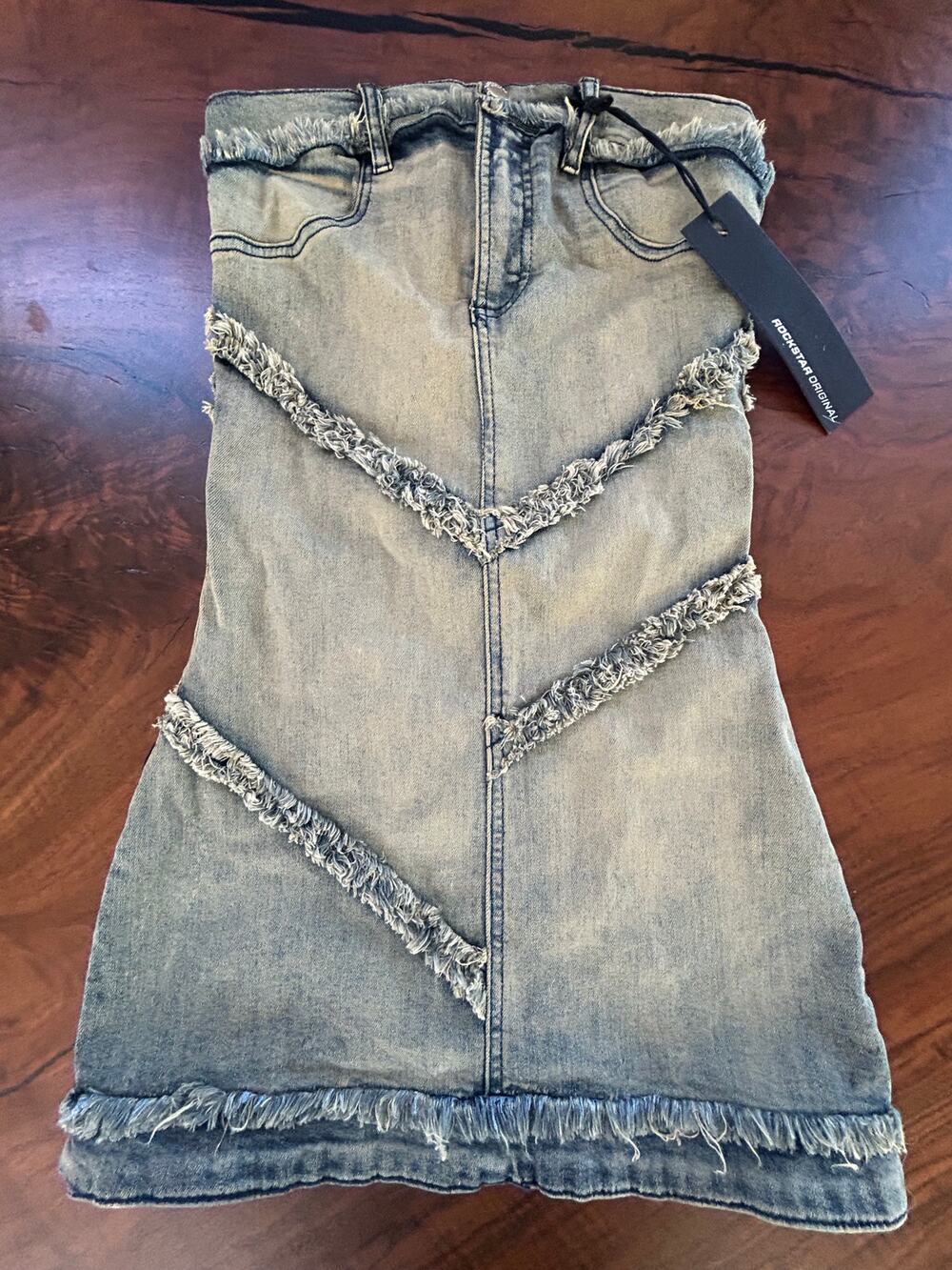 Rockstar Original Anique Denim Mini Dress NWT Size S XS Strapless Distressed